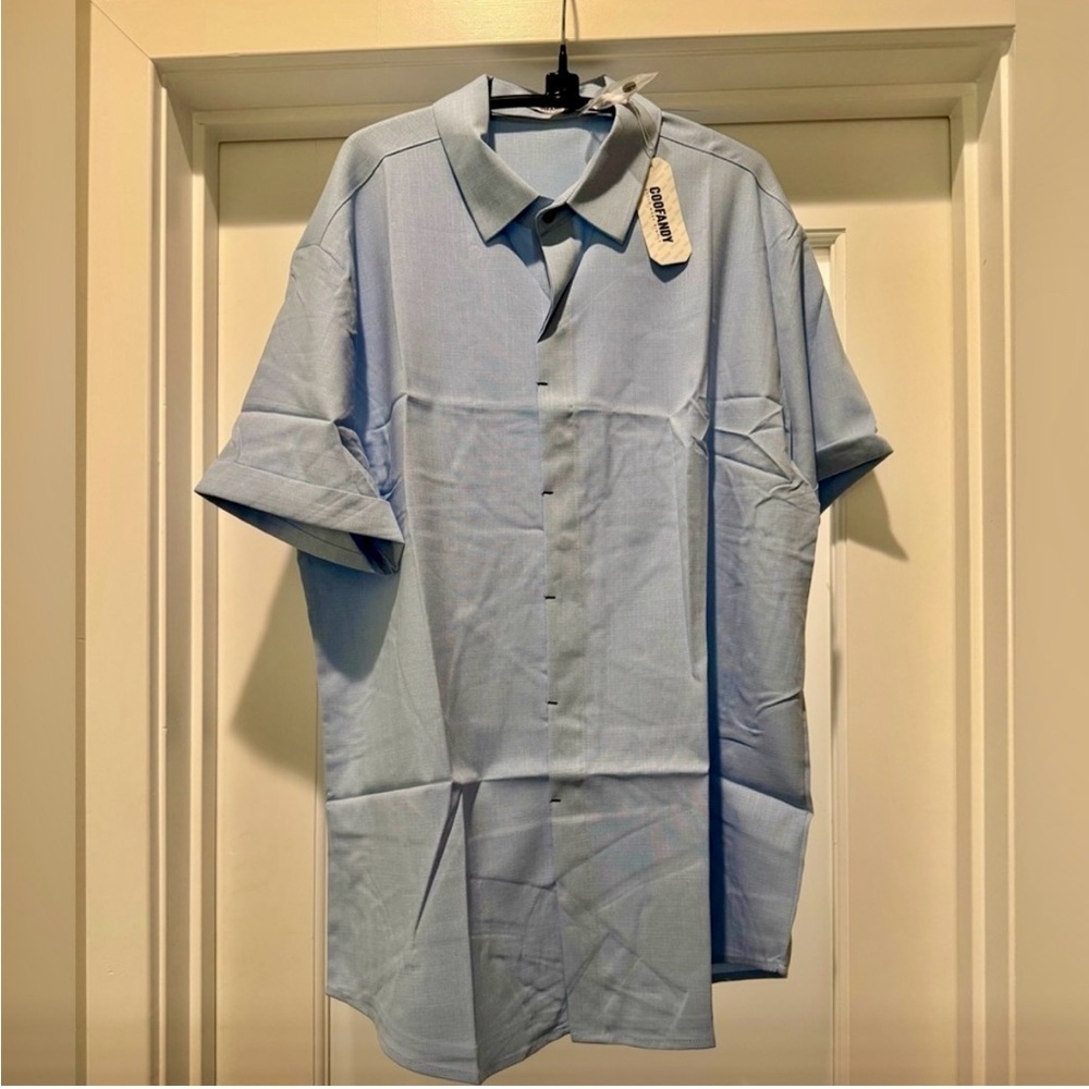 NWT Coofandy Men’s Blue Linen Blend Short Sleeve  Size L Casual Button Front